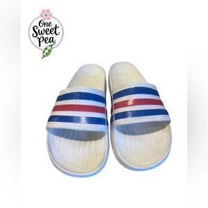 Adidas White Slides with Blue and Red Stripes